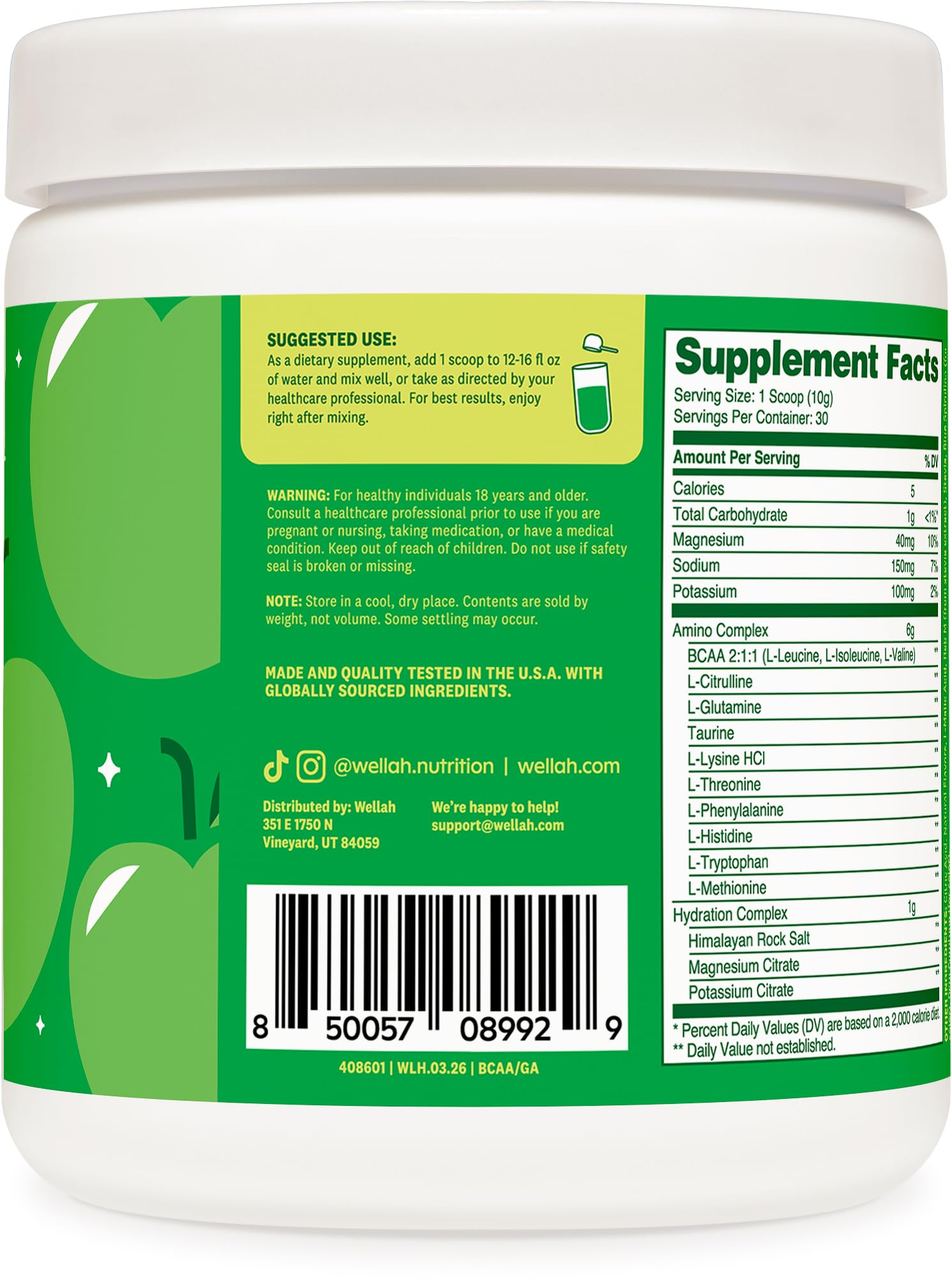 Wellah So Long Soreness BCAA powder scoop showing daily serving