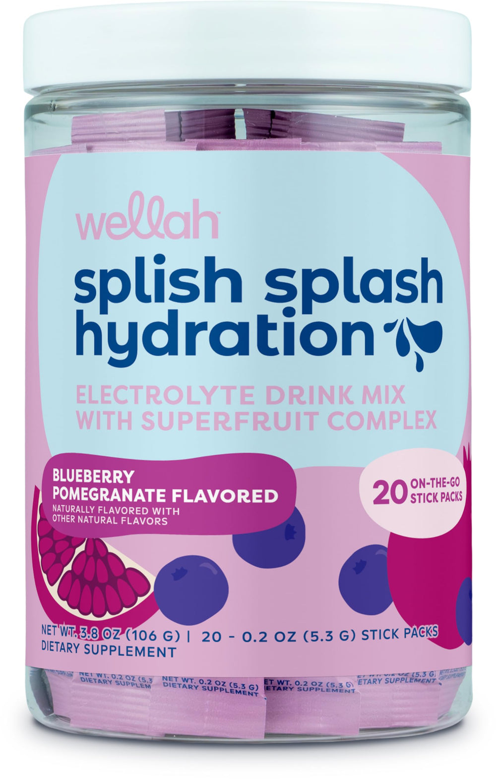 Wellah Splish Splash packaging front with Blueberry Pomegranate stick packs for on-the-go hydration