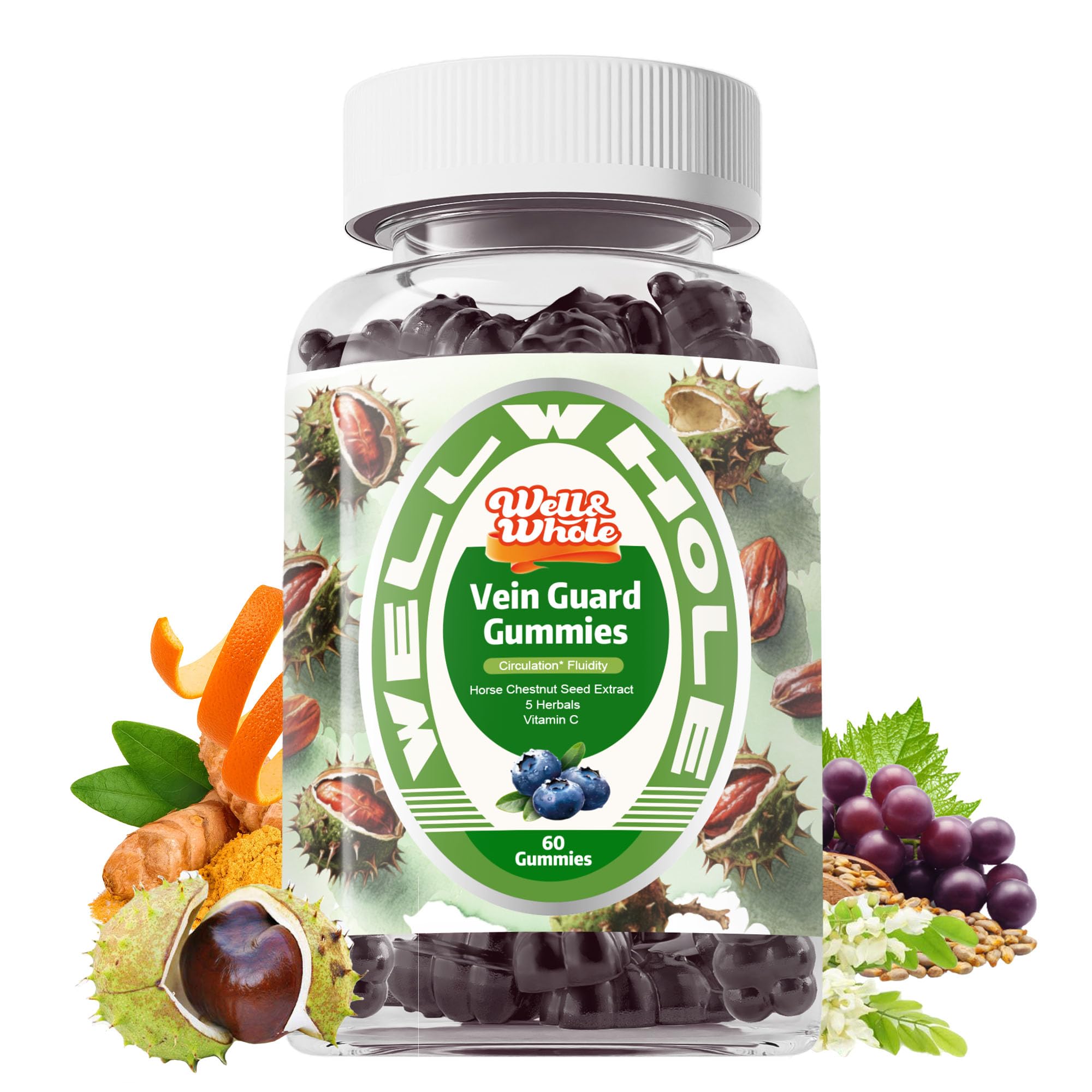 Hero image showing Well&Whole Horse Chestnut Extract Gummies bottle, 60-count, sugar-free.