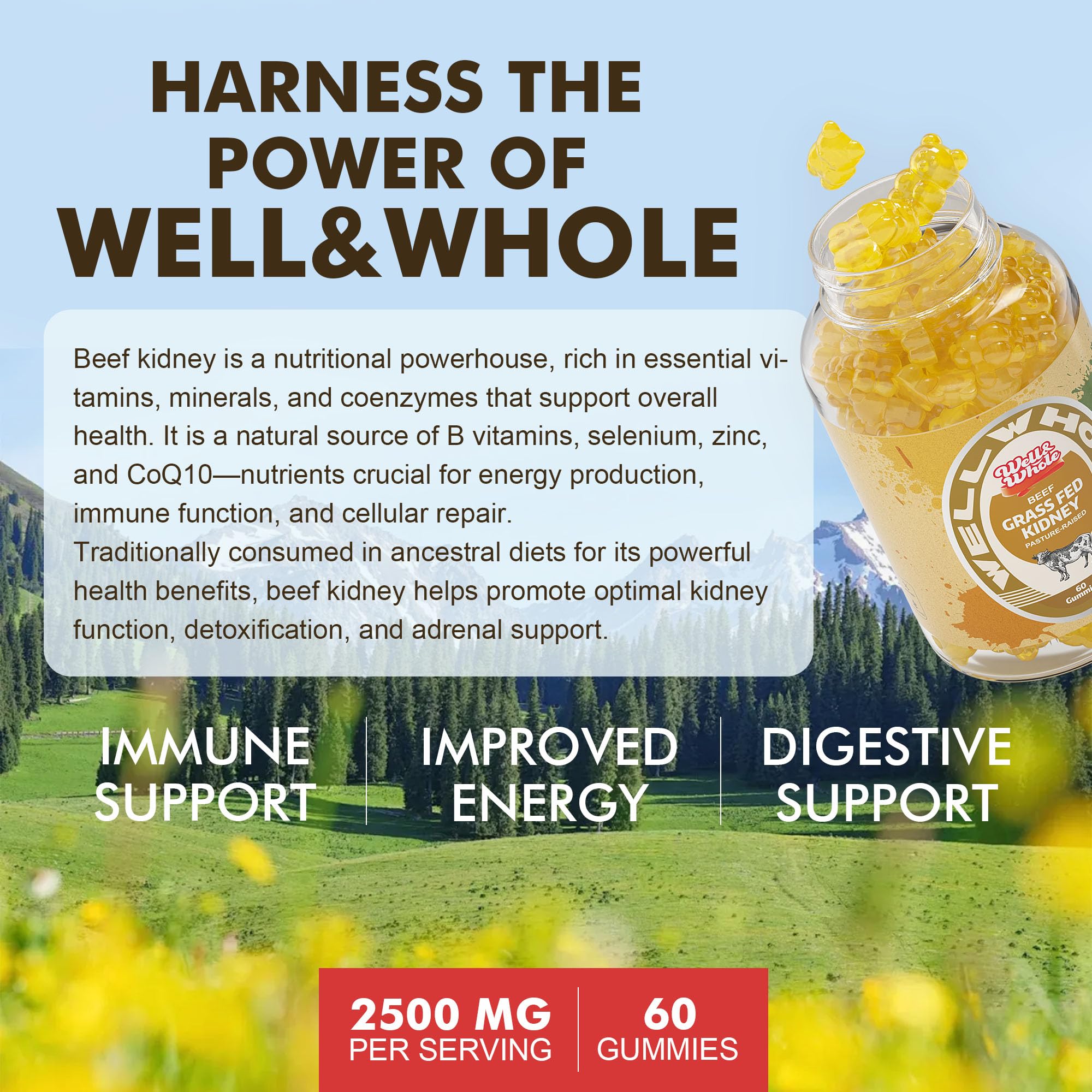 Mango-flavored kidney gummies naturally sweetened with stevia and turmeric color