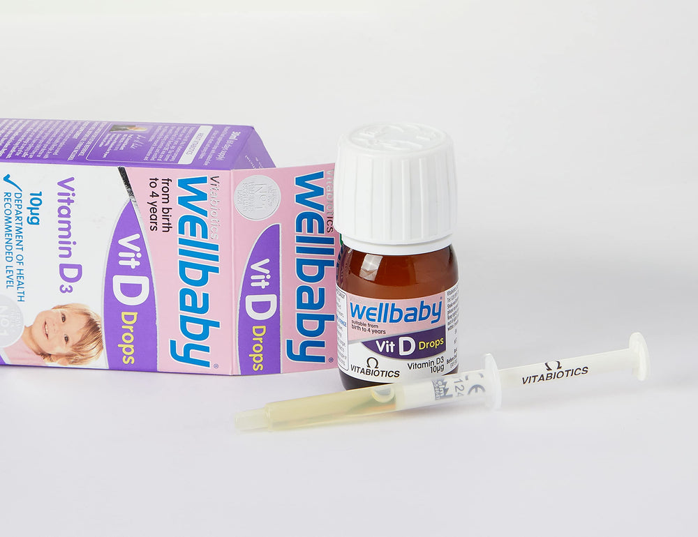 Close-up of Wellbaby Vitamin D Drops bottle
