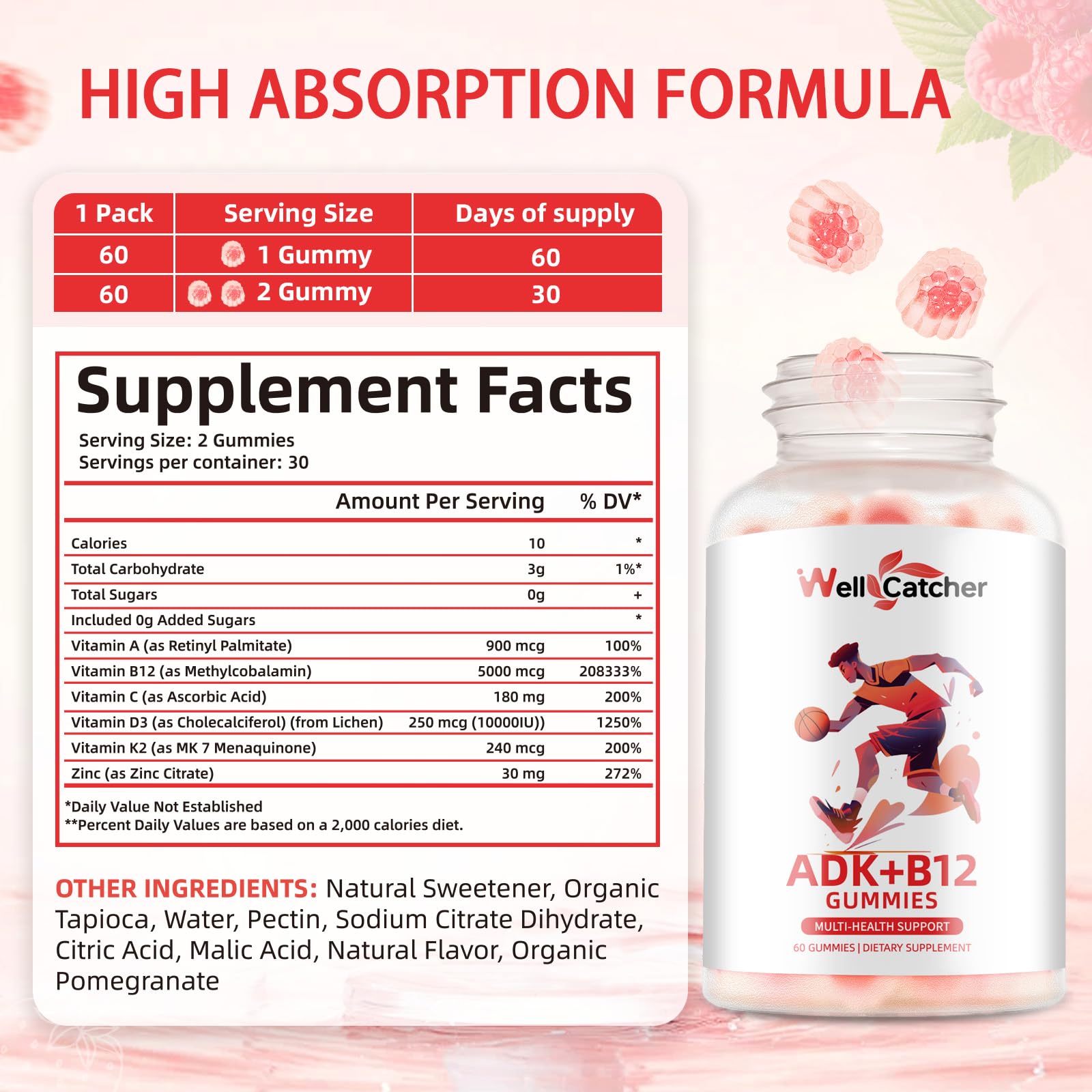 Wellcatcher ADK+B12 Gummies raspberry flavor back label