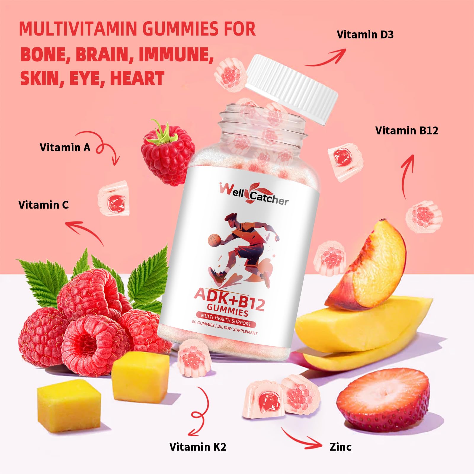 Sugar-free vegan Wellcatcher ADK+B12 Gummies package label