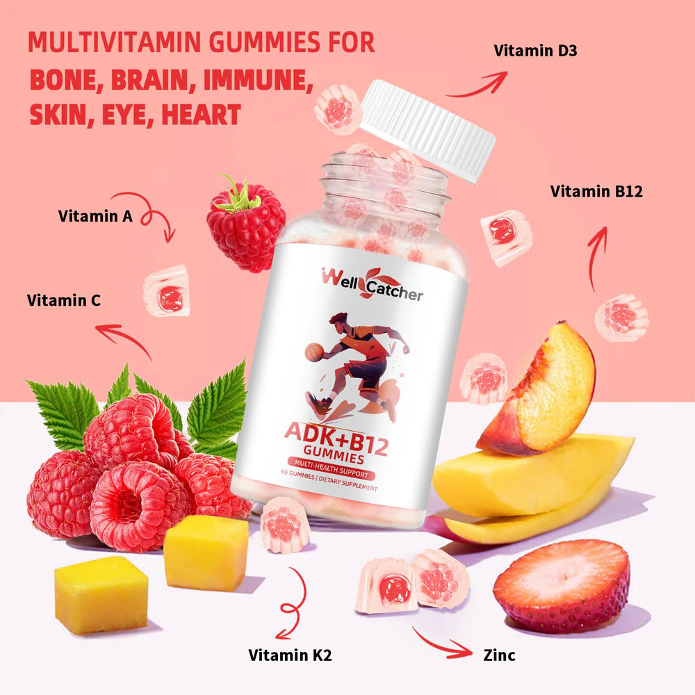 Sugar-free vegan Wellcatcher ADK+B12 Gummies package label