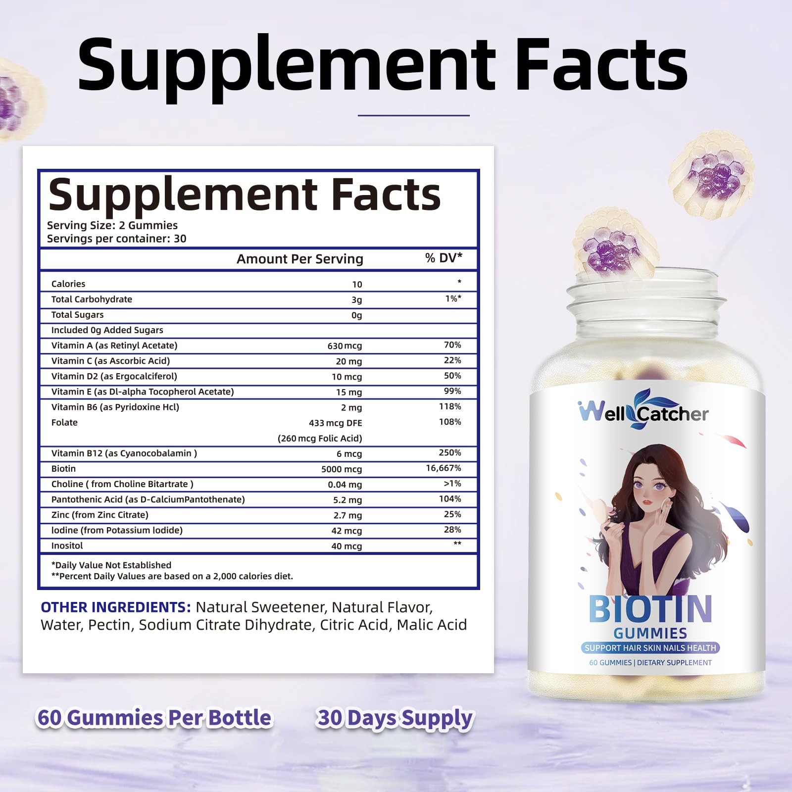 Back view of Wellcatcher Biotin Gummies bottle with nutrition label