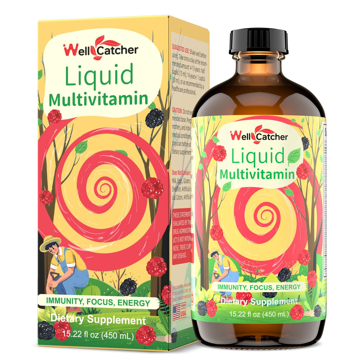 Wellcatcher liquid multivitamin bottle with berry flavor