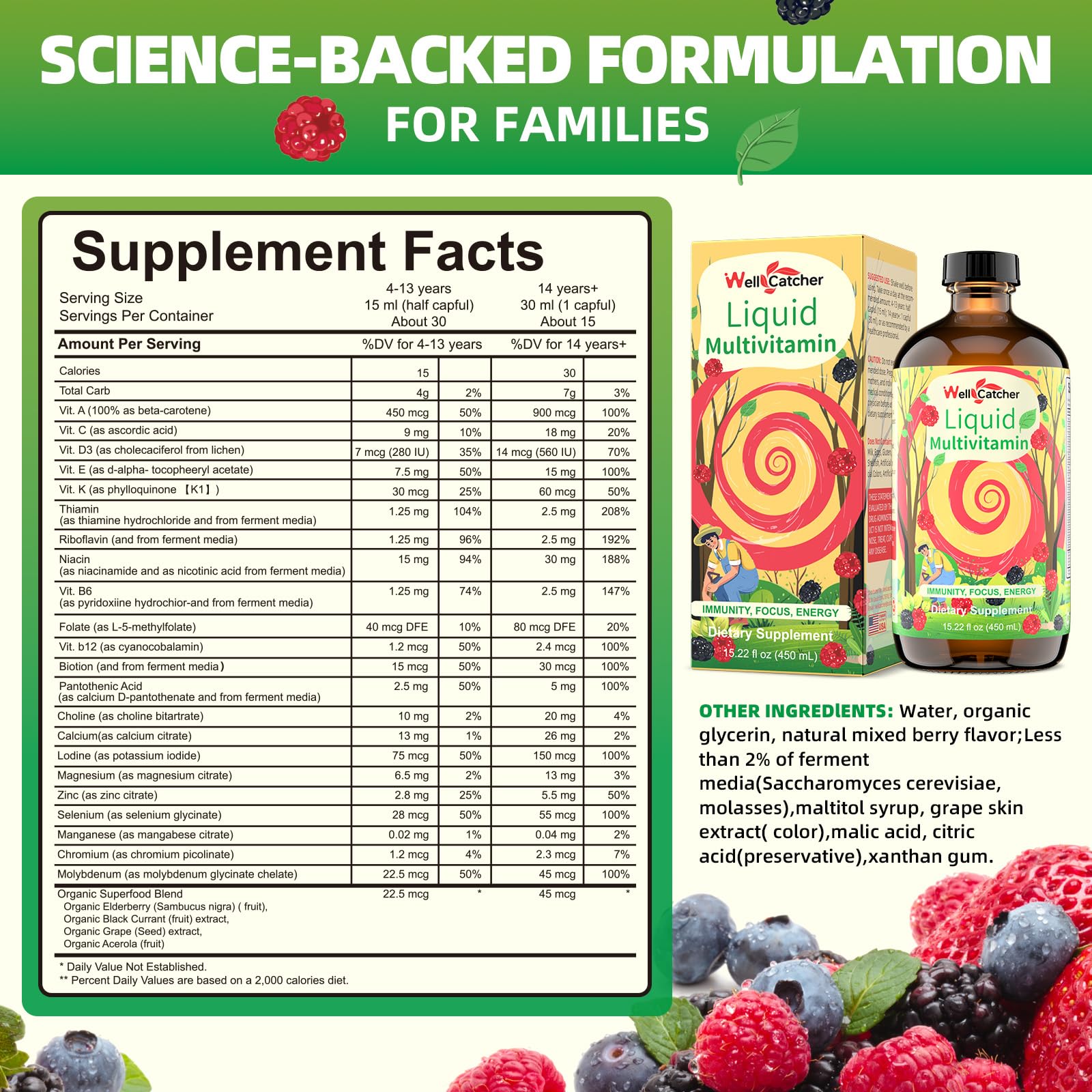 Close-up of Wellcatcher liquid multivitamin bottle