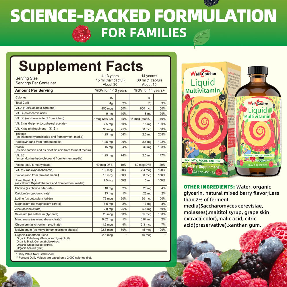 Close-up of Wellcatcher liquid multivitamin bottle