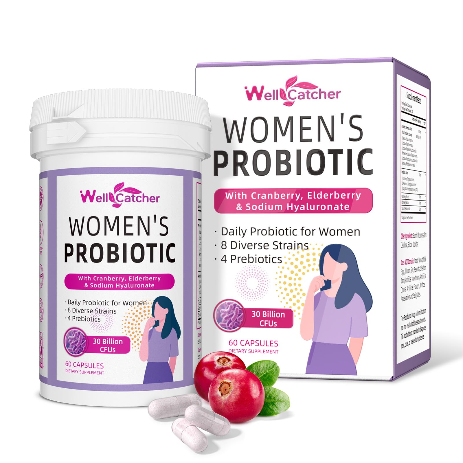 Wellcatcher vaginal probiotics bottle showing 30B CFU and 8 strains
