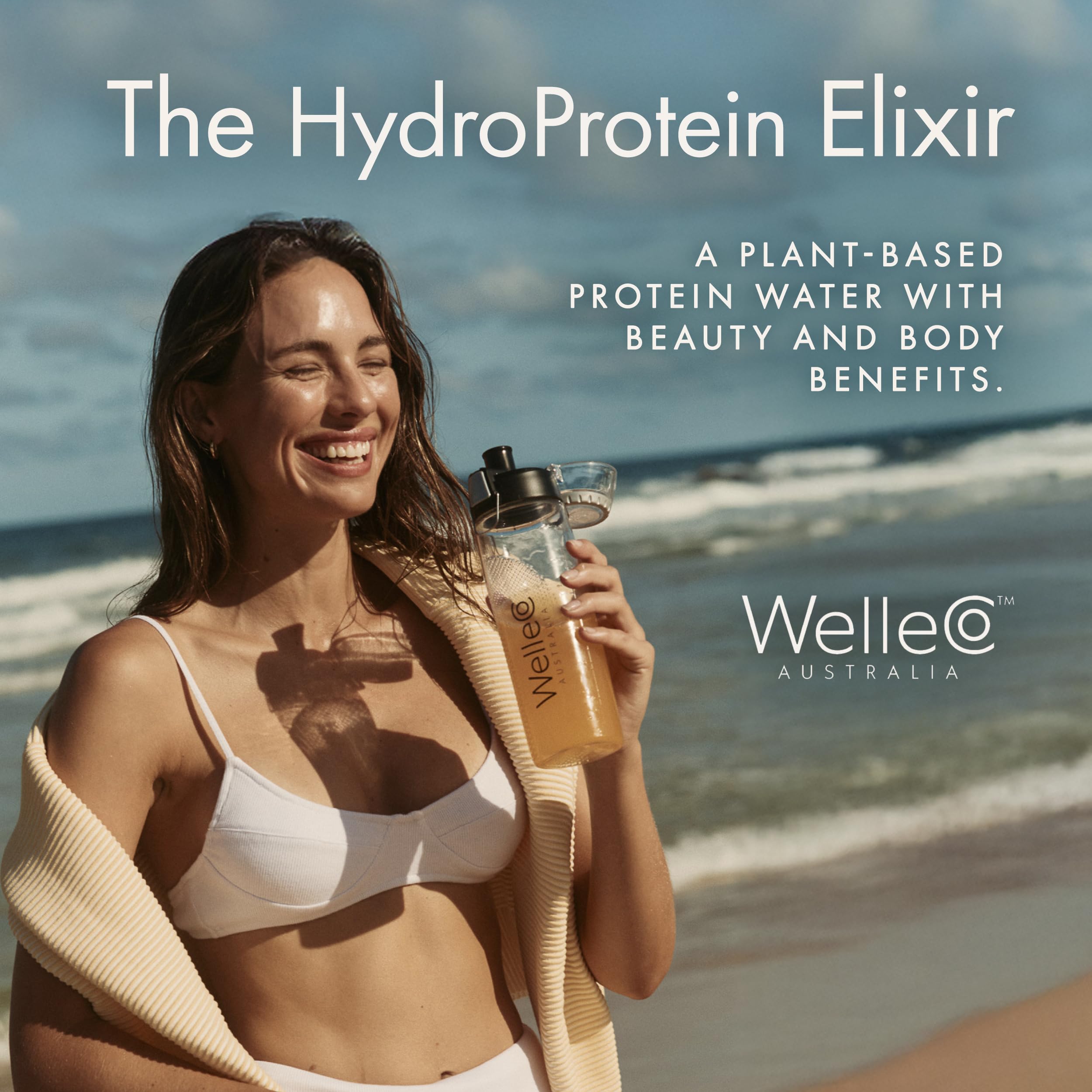 Wellco HydroProtein Elixir on-the-go-bottle shows portable hydration for busy days.