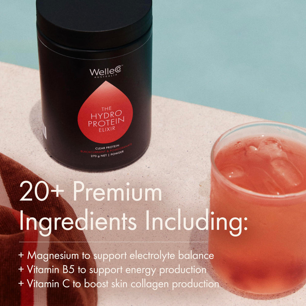 Wellco HydroProtein Elixir passionfruit-turmeric flavor highlights natural taste and aroma.