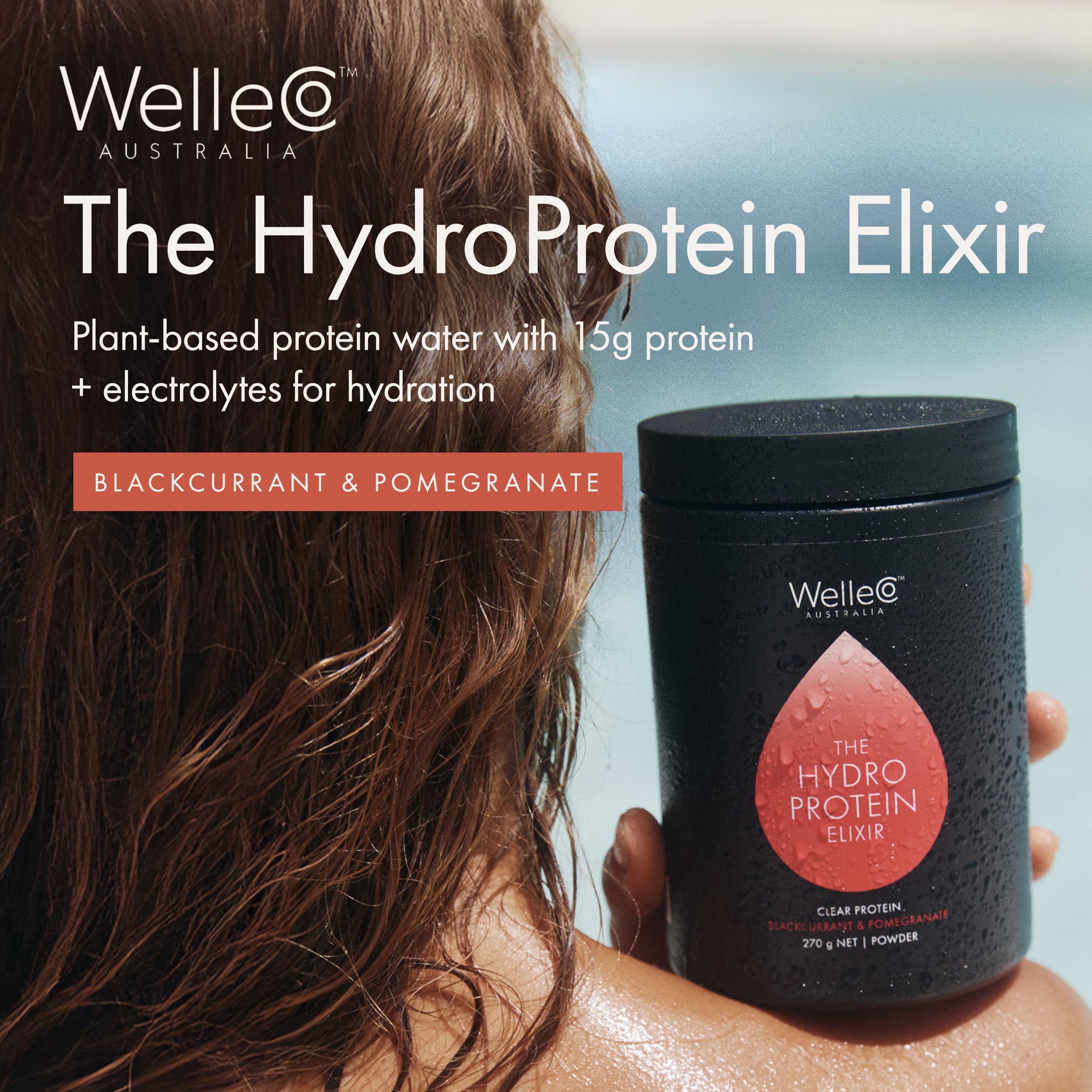 Wellco HydroProtein Elixir scoop beside jar highlights easy plant-based energy.