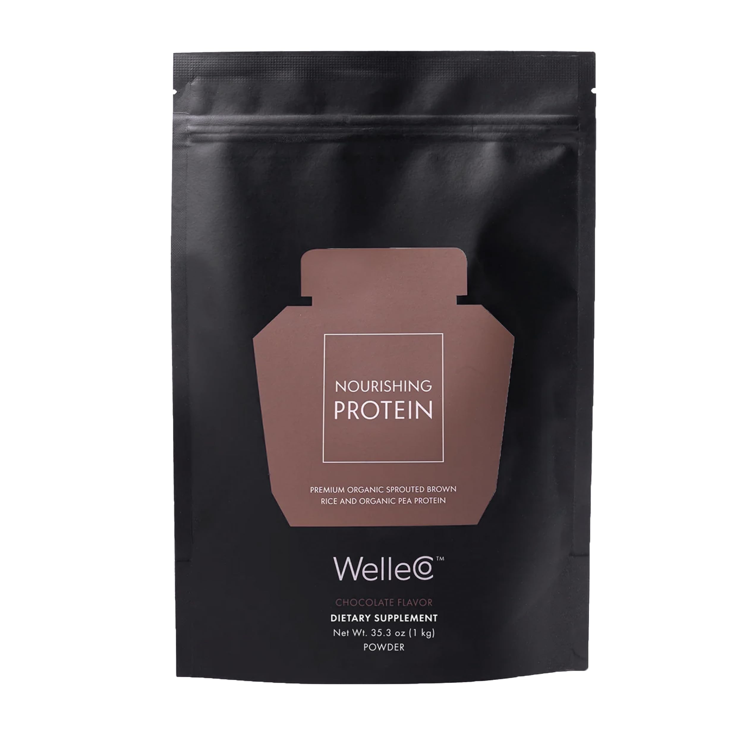 WelleCo chocolate protein powder tub front showing plant-based energy support
