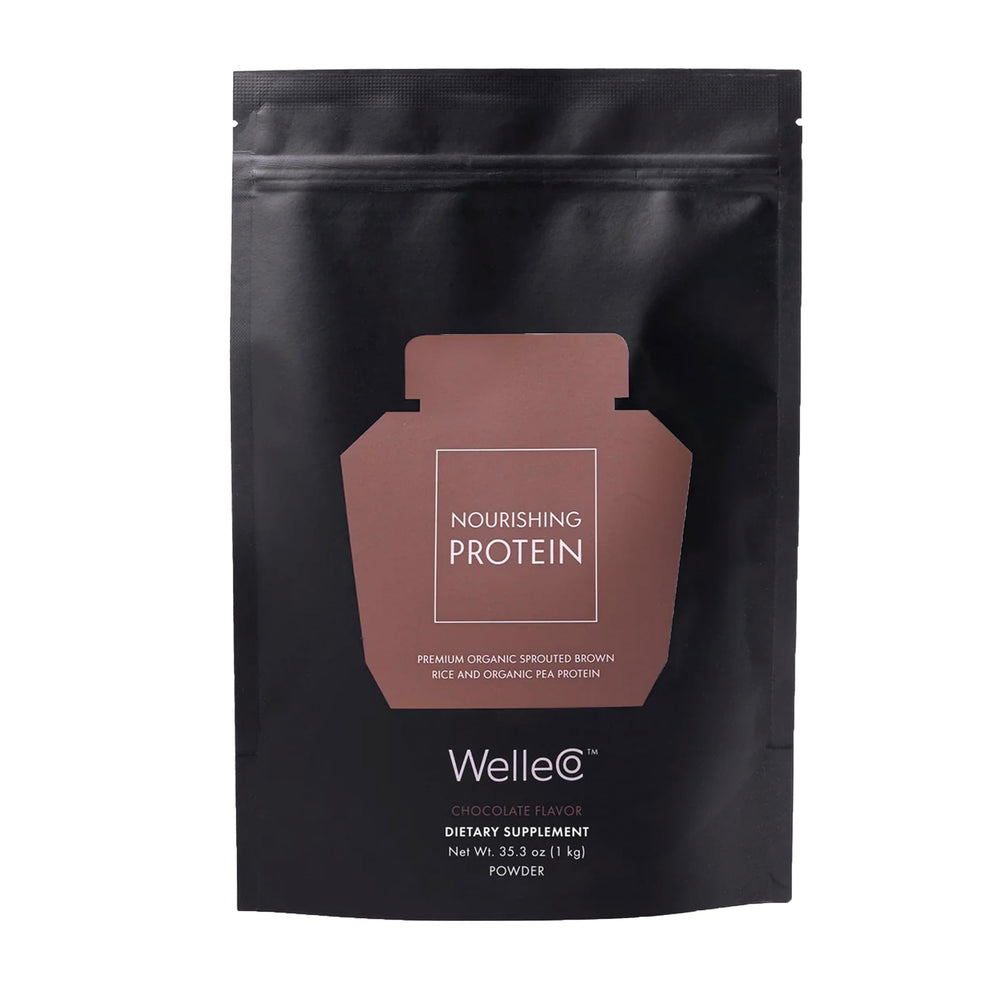WelleCo chocolate protein powder tub front showing plant-based energy support