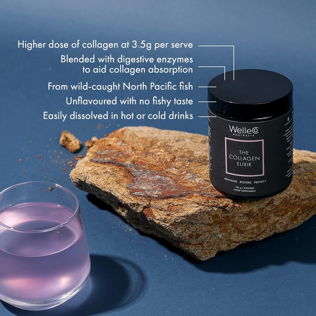 Ingredients label showing marine peptides, vitamin C, hyaluronic acid and silica.