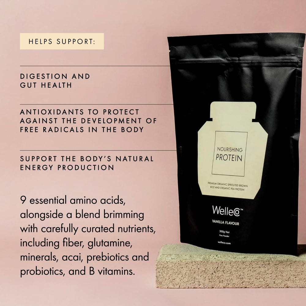 WelleCo organic brown rice and pea ingredients support complete amino acids.