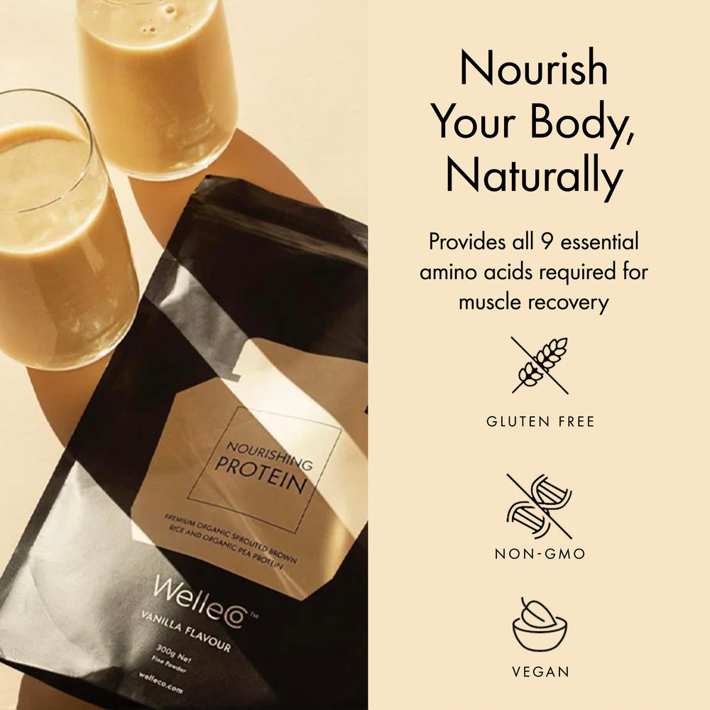 WelleCo vanilla protein powder poured into a glass highlighting creamy texture.