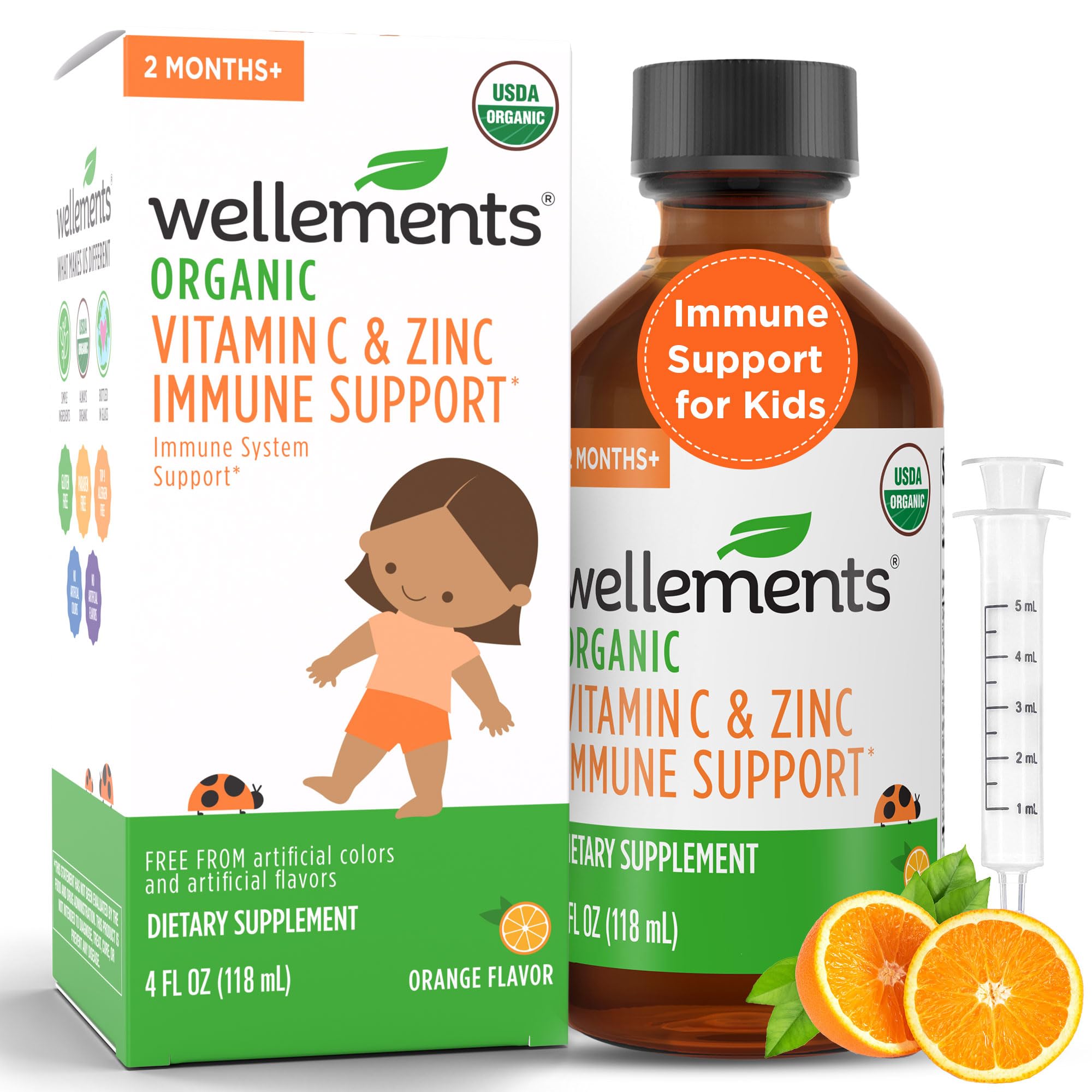 Wellements Organic Immune Support kids orange flavor bottle 4 oz