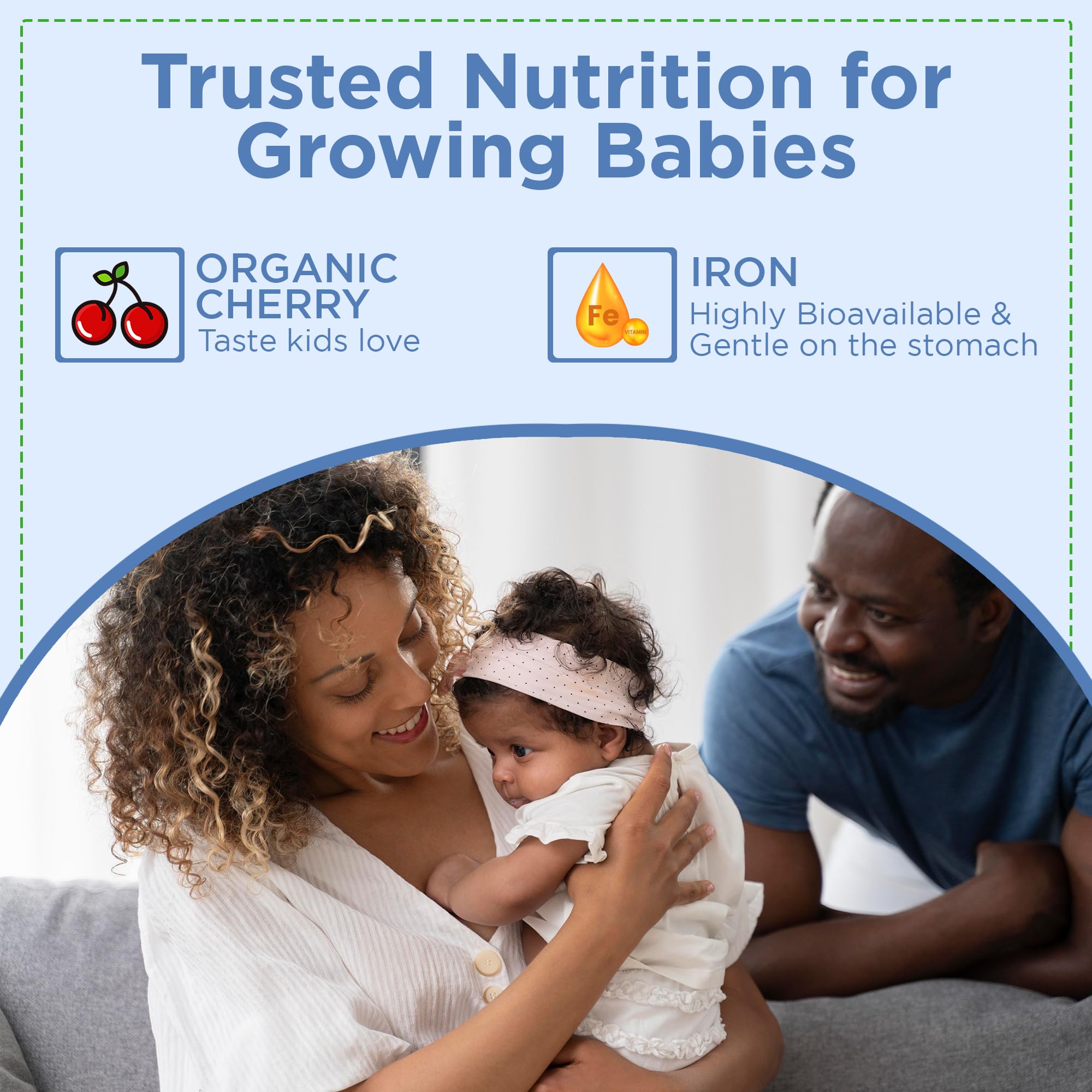 Dropper dispensing iron drops toward a child's inner cheek