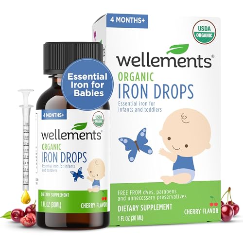 Front view of Wellements Organic Iron Drops bottle (1 oz) for newborns