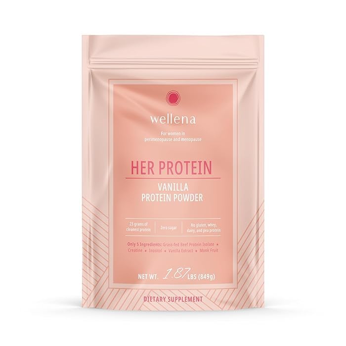 Wellena Her Protein bottle front highlights a dairy-free, midlife-friendly protein.