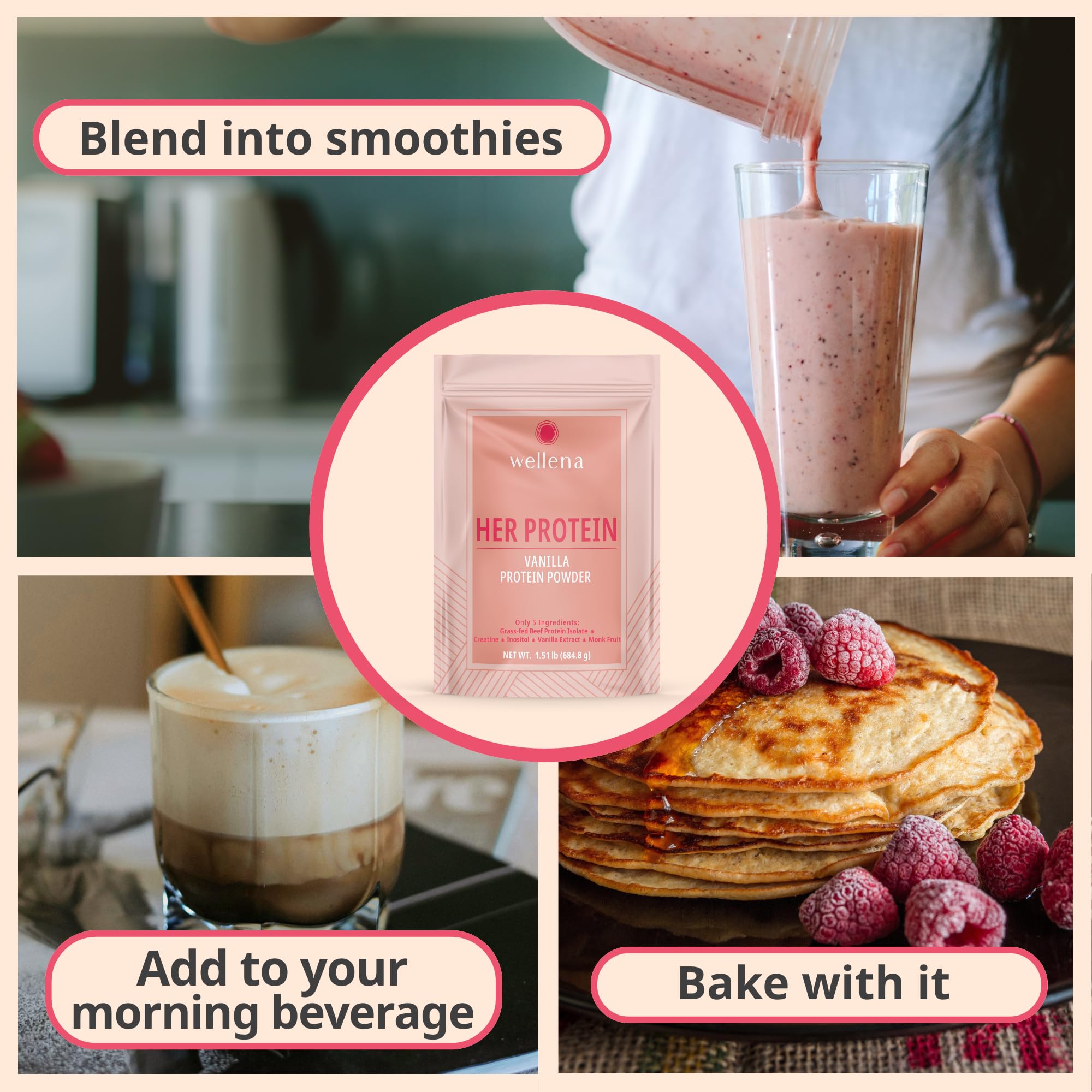 Wellena Her Protein texture image conveys zero grit and a smooth shake.