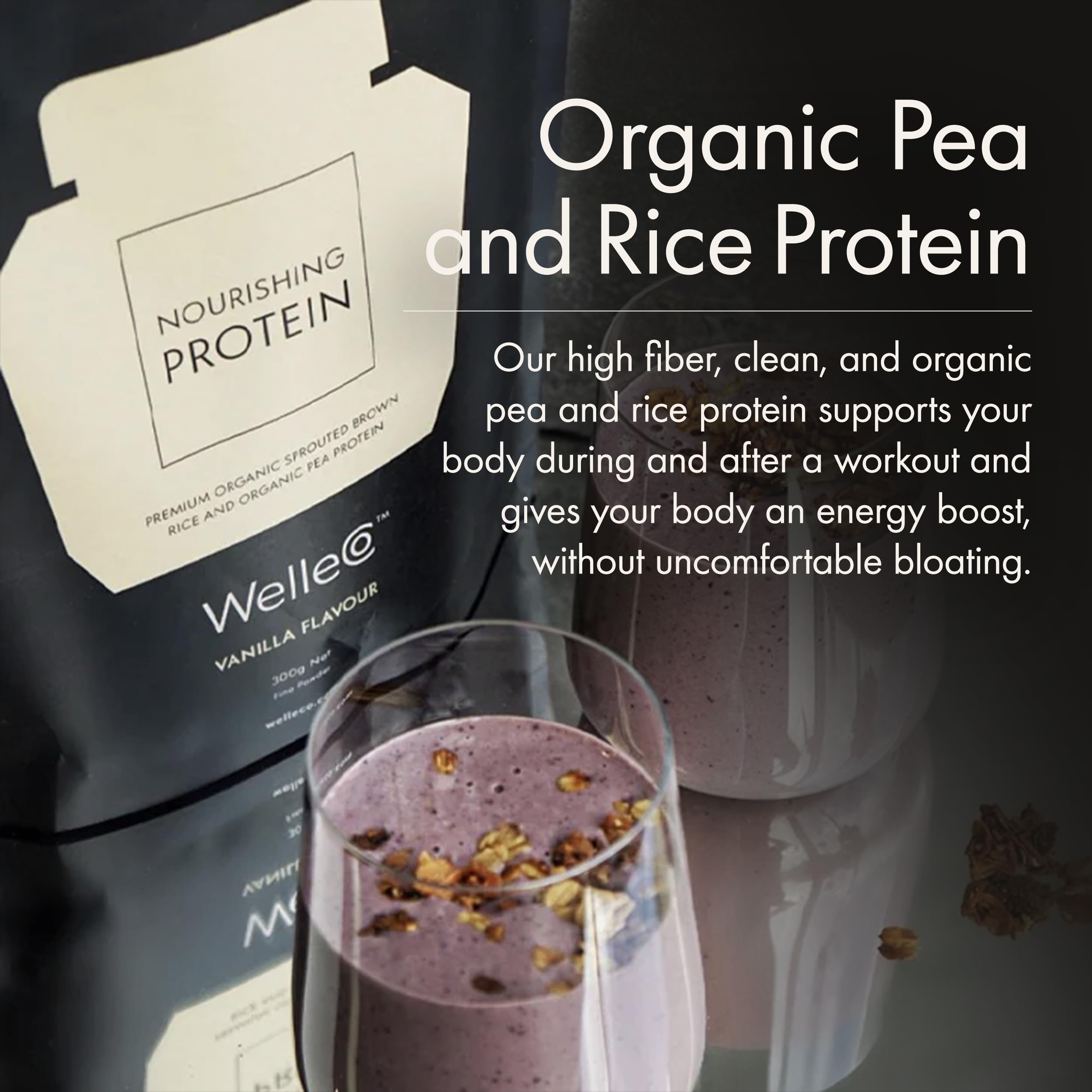 WelleCo ingredient bowl shows pea and rice protein blends with fiber.