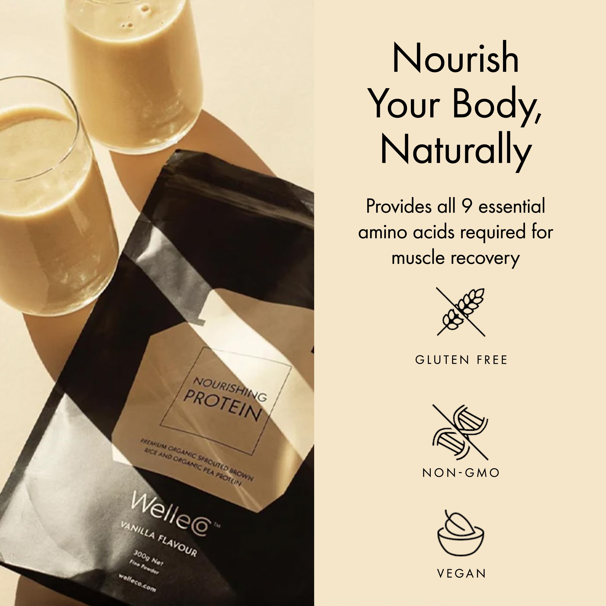 WelleCo shake glass with protein showcases smooth mixing for post workout recovery.