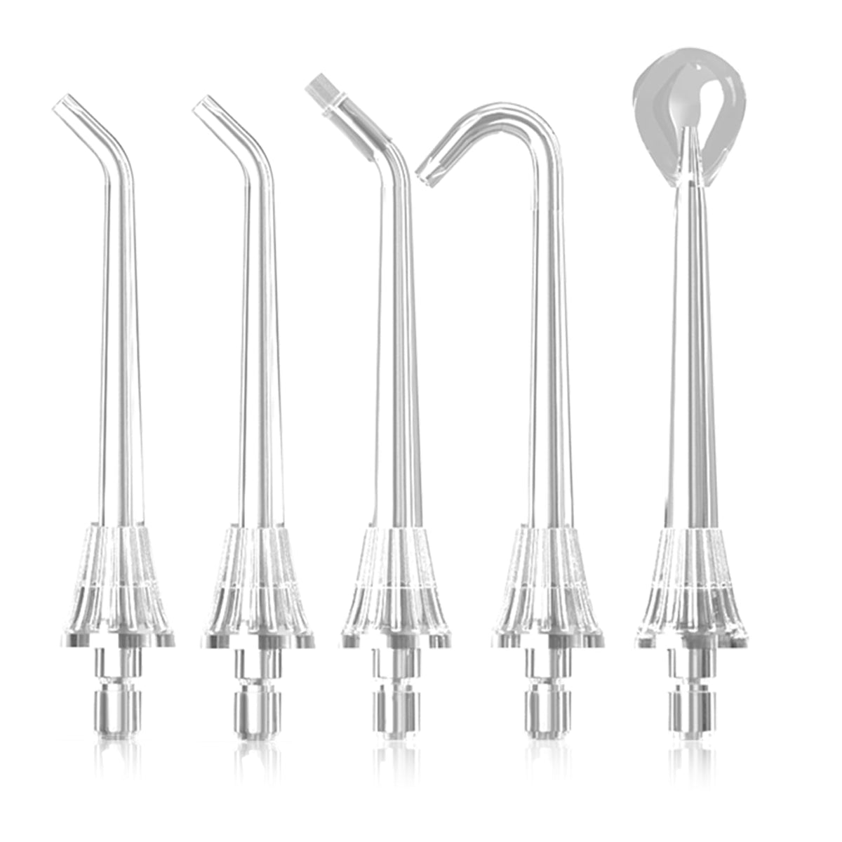 WELLFINE replacement jet tips for water flossers: Standard Jet Tip x2, Curved Nozzle x2, Orthodontic Jet Tip x1, Tongue Scraper x1