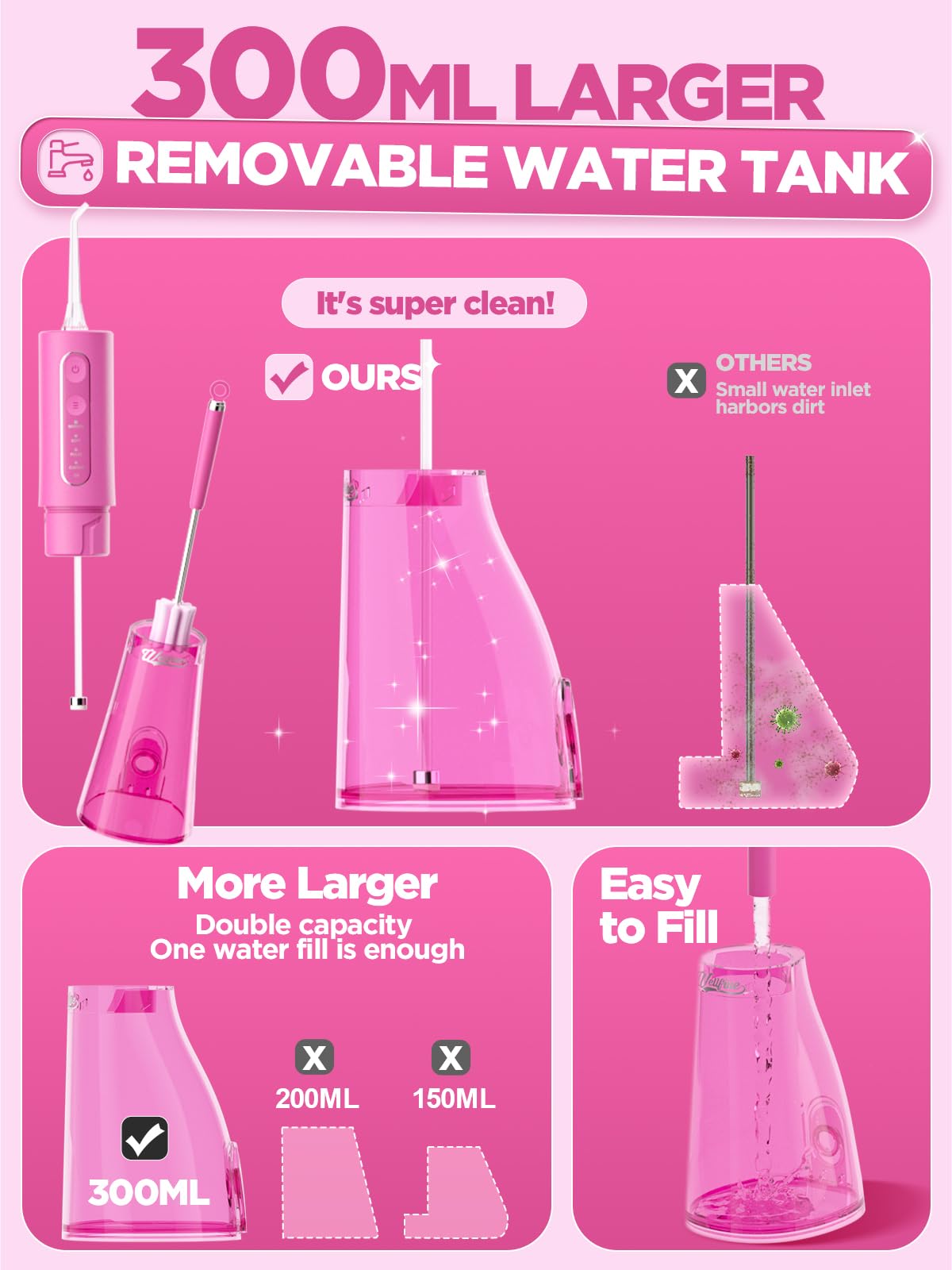 Five specialized nozzles for comprehensive oral care