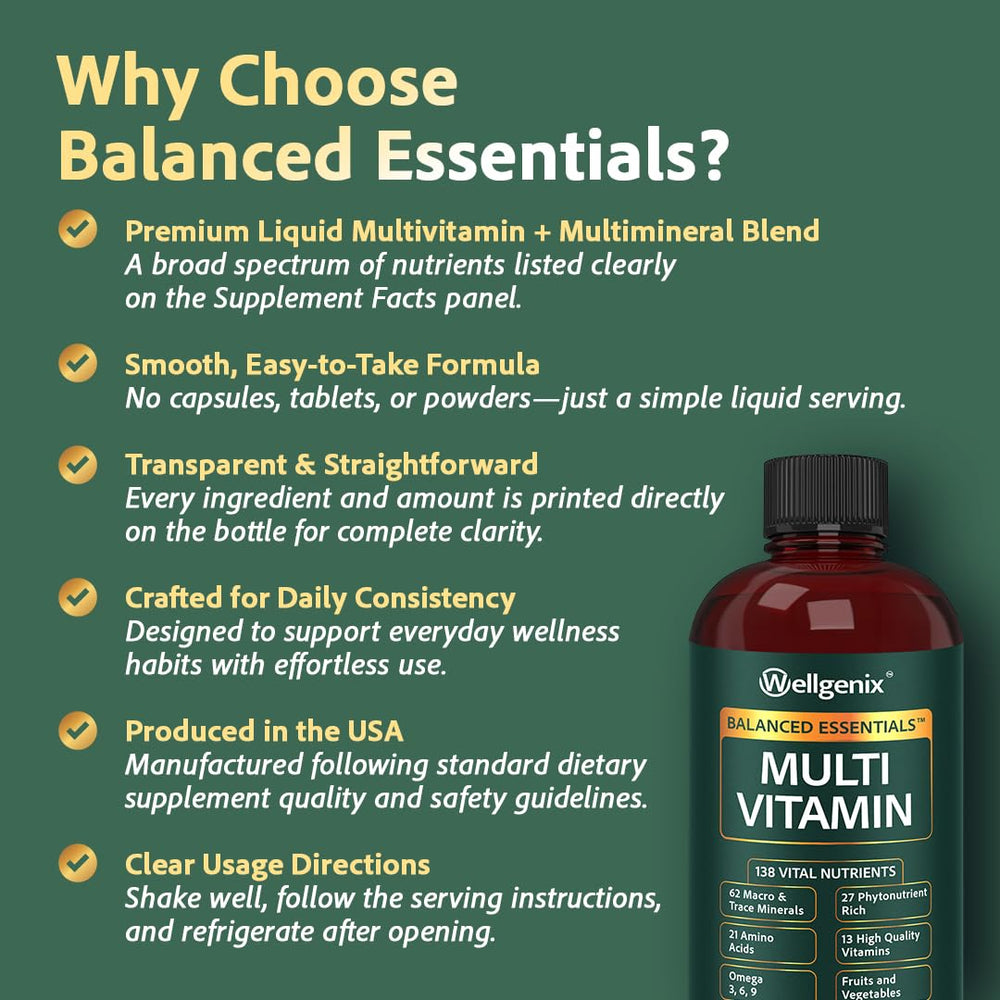 Wellgenix Balanced Essentials label graphic illustrating immune-supporting vitamins in the product