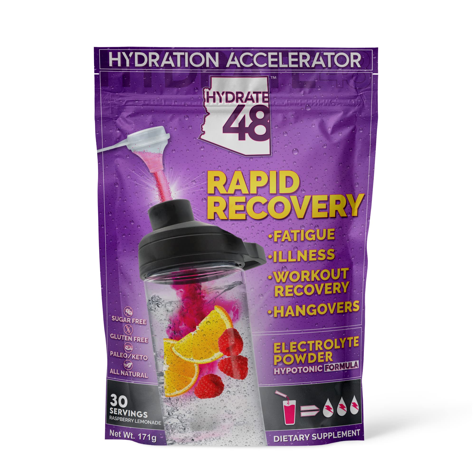 Wellgenix Hydrate48 Raspberry Lemonade front view bottle with 30 servings