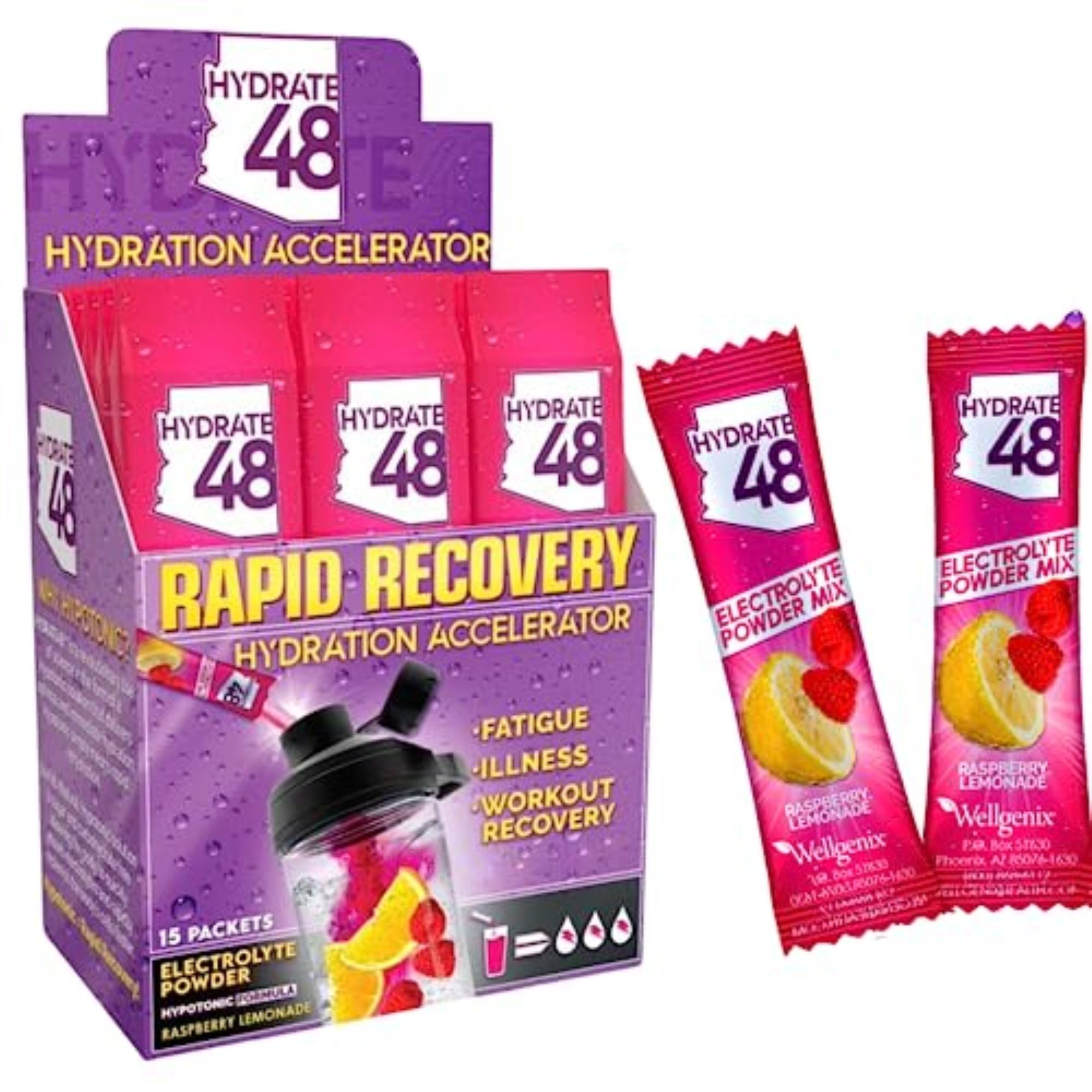 Wellgenix Hydrate48 raspberry-lemonade packet dissolving for workout hydration