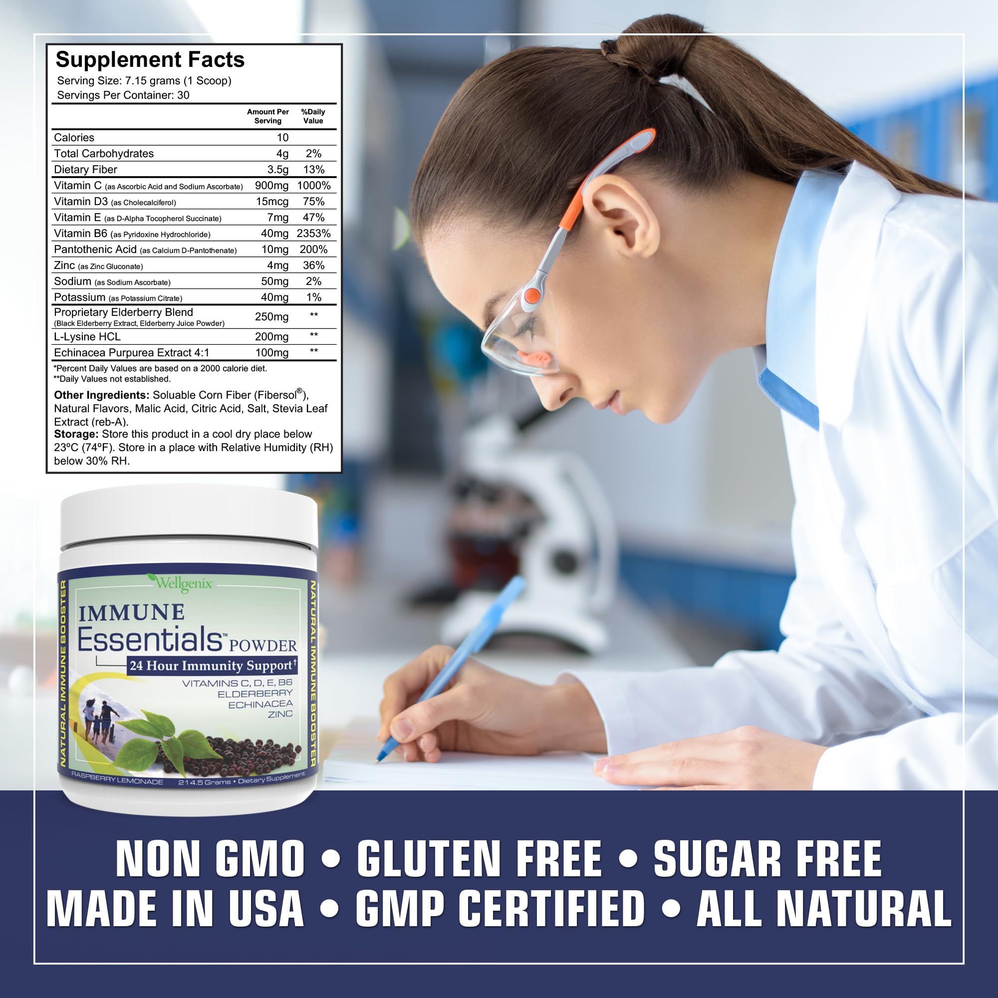 Nutrition facts panel on Wellgenix Immune Essentials Raspberry Lemonade packaging