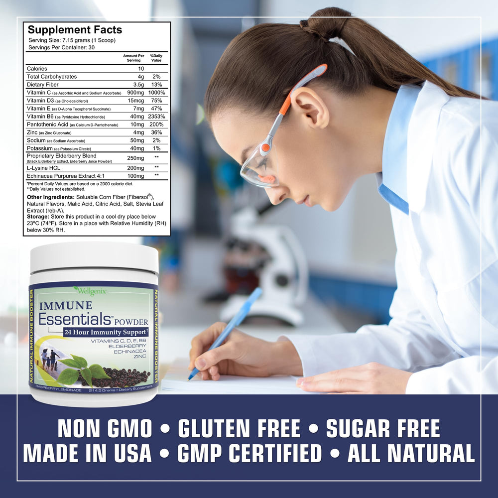 Nutrition facts panel on Wellgenix Immune Essentials Raspberry Lemonade packaging