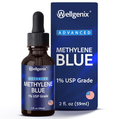 Front view of Wellgenix Methylene Blue Drops 1% USP Grade in amber glass bottle