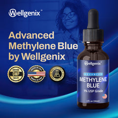 Side view of Wellgenix Methylene Blue Drops bottle with glass dropper