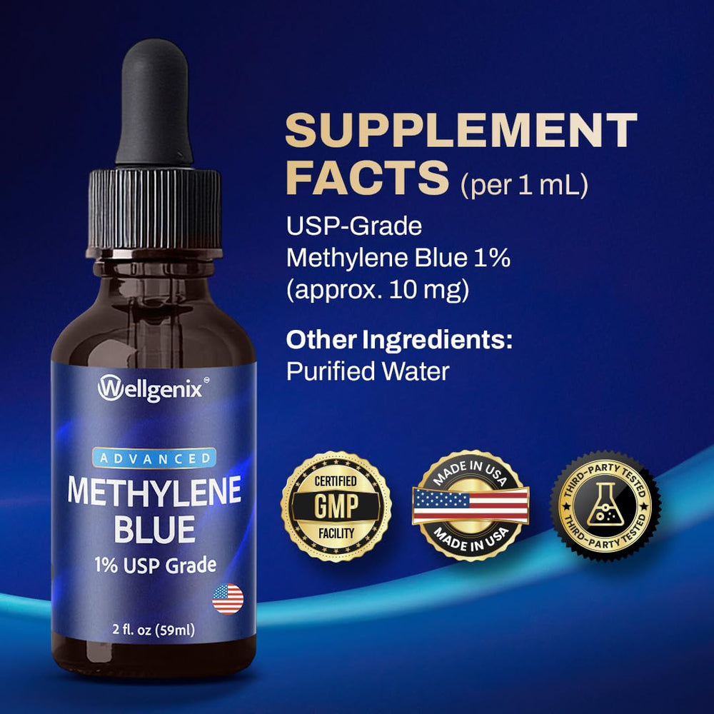 Product label displaying ingredients and dosage on Wellgenix Methylene Blue Drops bottle