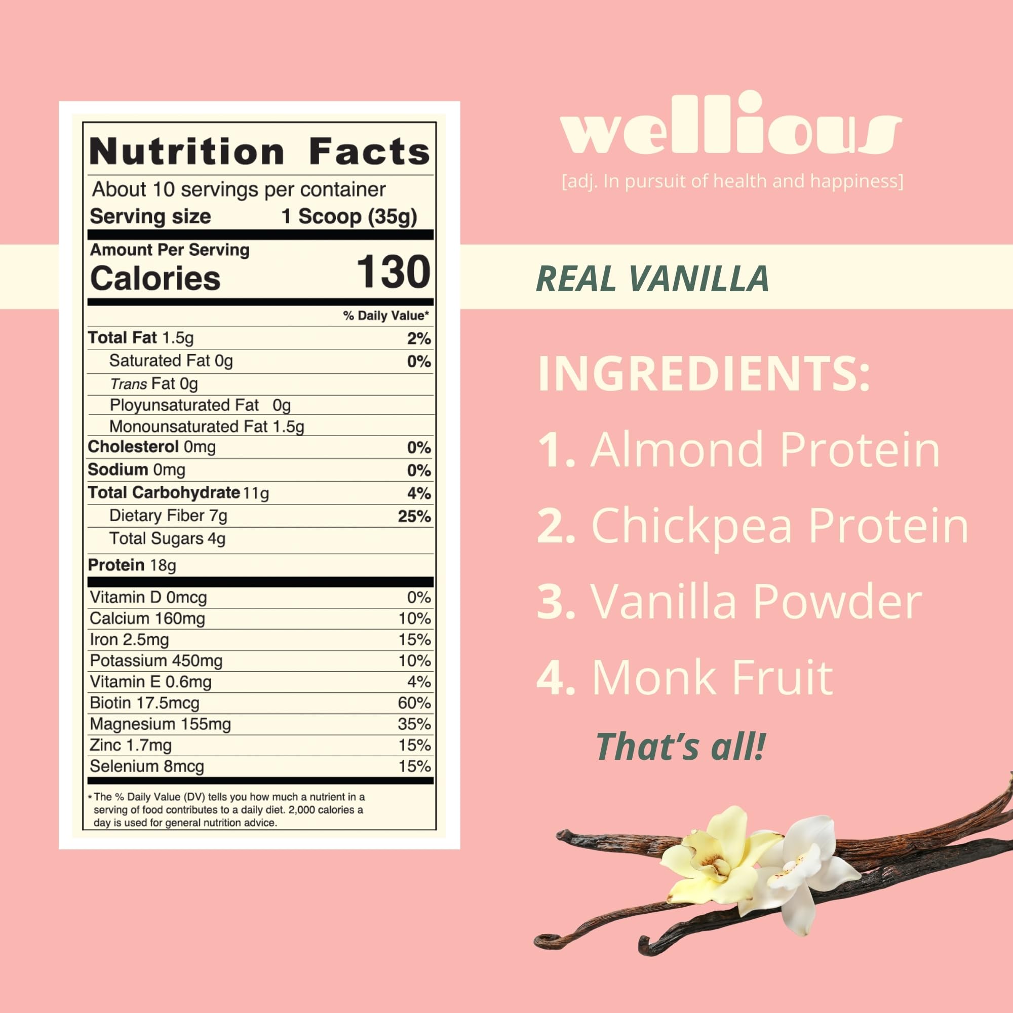 Wellious Vanilla Almond Protein Powder tub on countertop