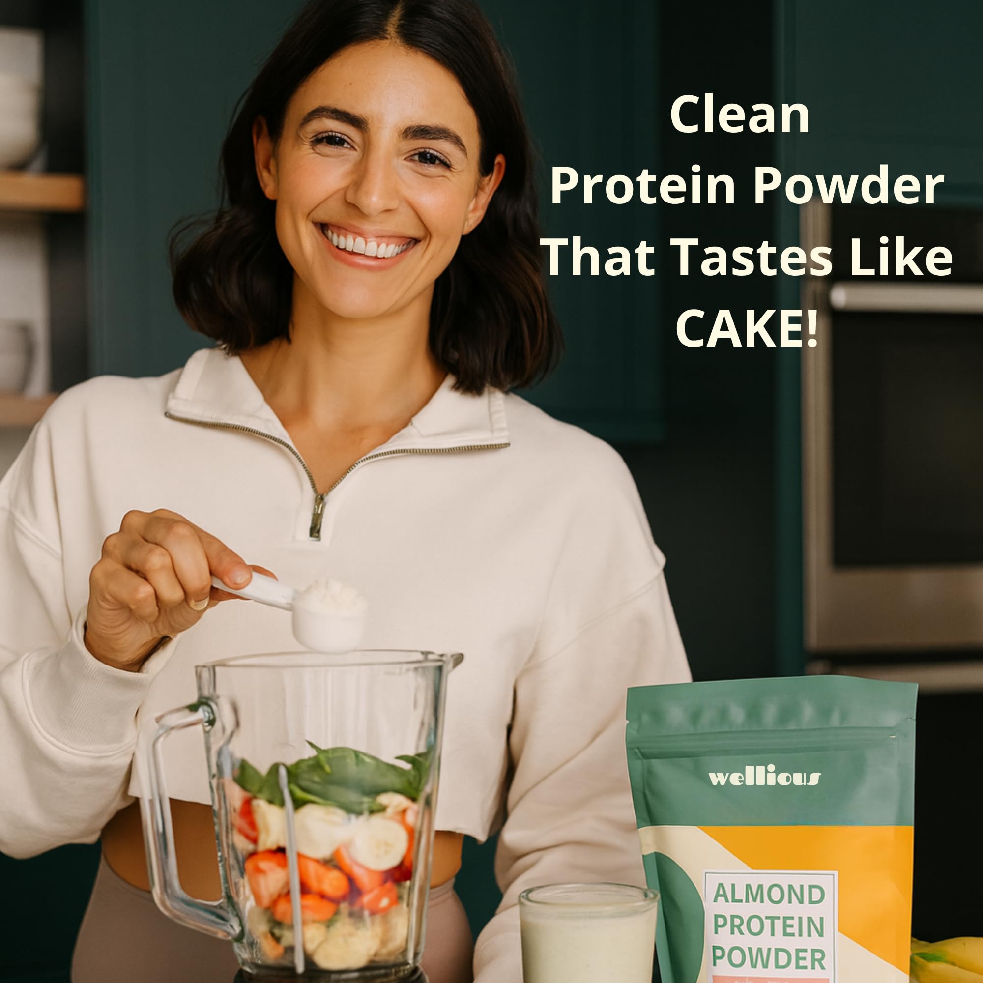 Wellious Vanilla Almond Protein Powder being mixed in a shake