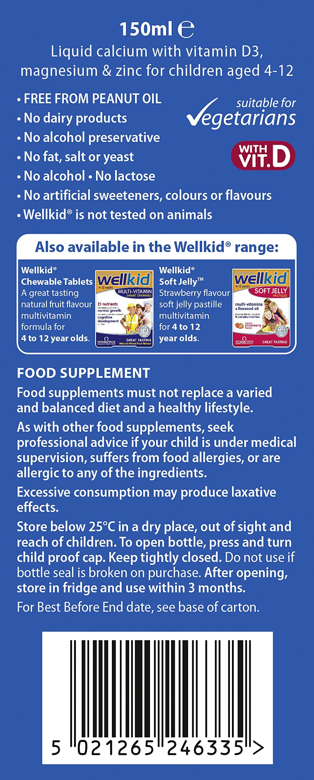 Close-up of Wellkid Calcium Liquid 150ml label