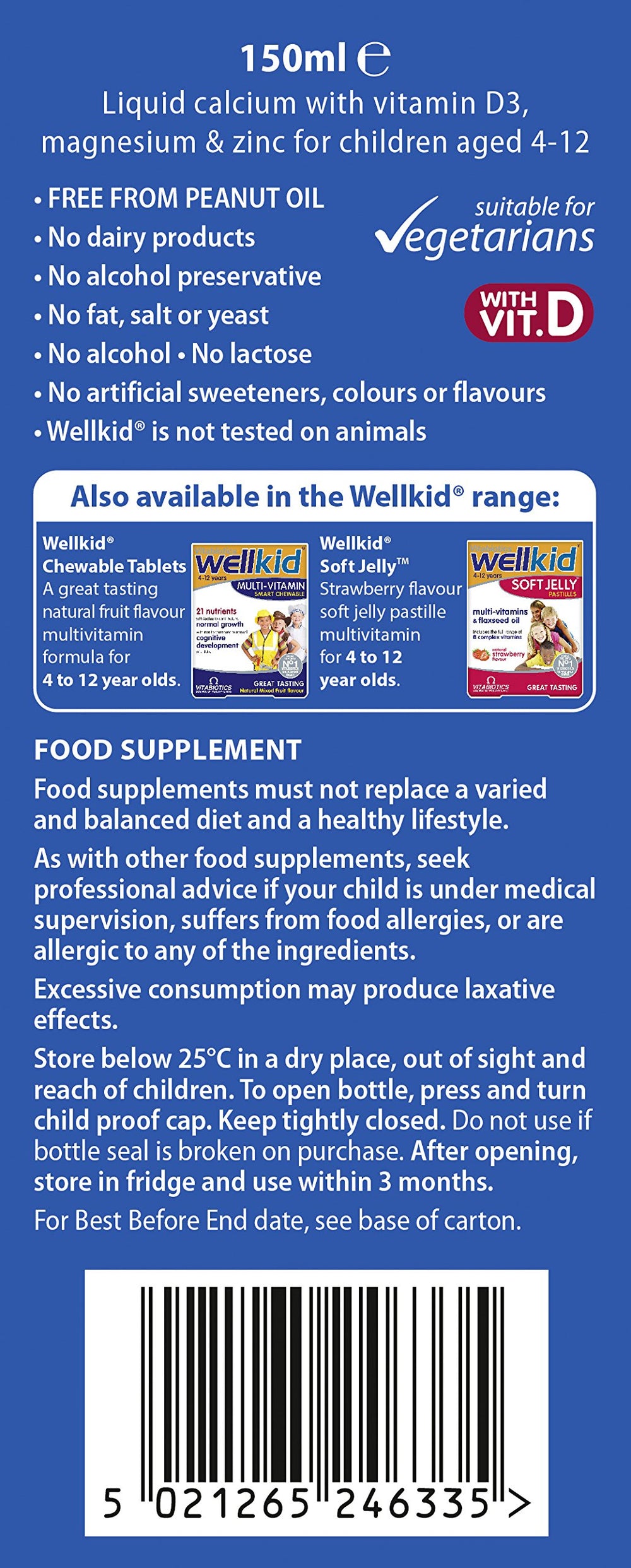 Close-up of Wellkid Calcium Liquid 150ml label