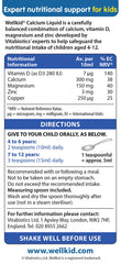 Nutrient list showing Calcium, Magnesium, Zinc and Vitamin D on Wellkid label