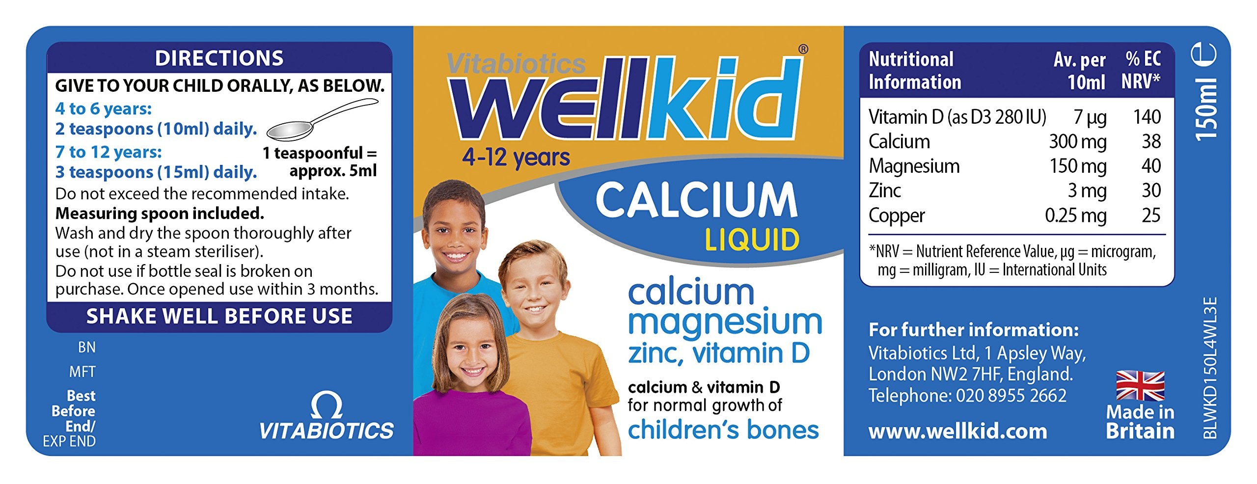 Back label details and dosage information of Wellkid Calcium Liquid