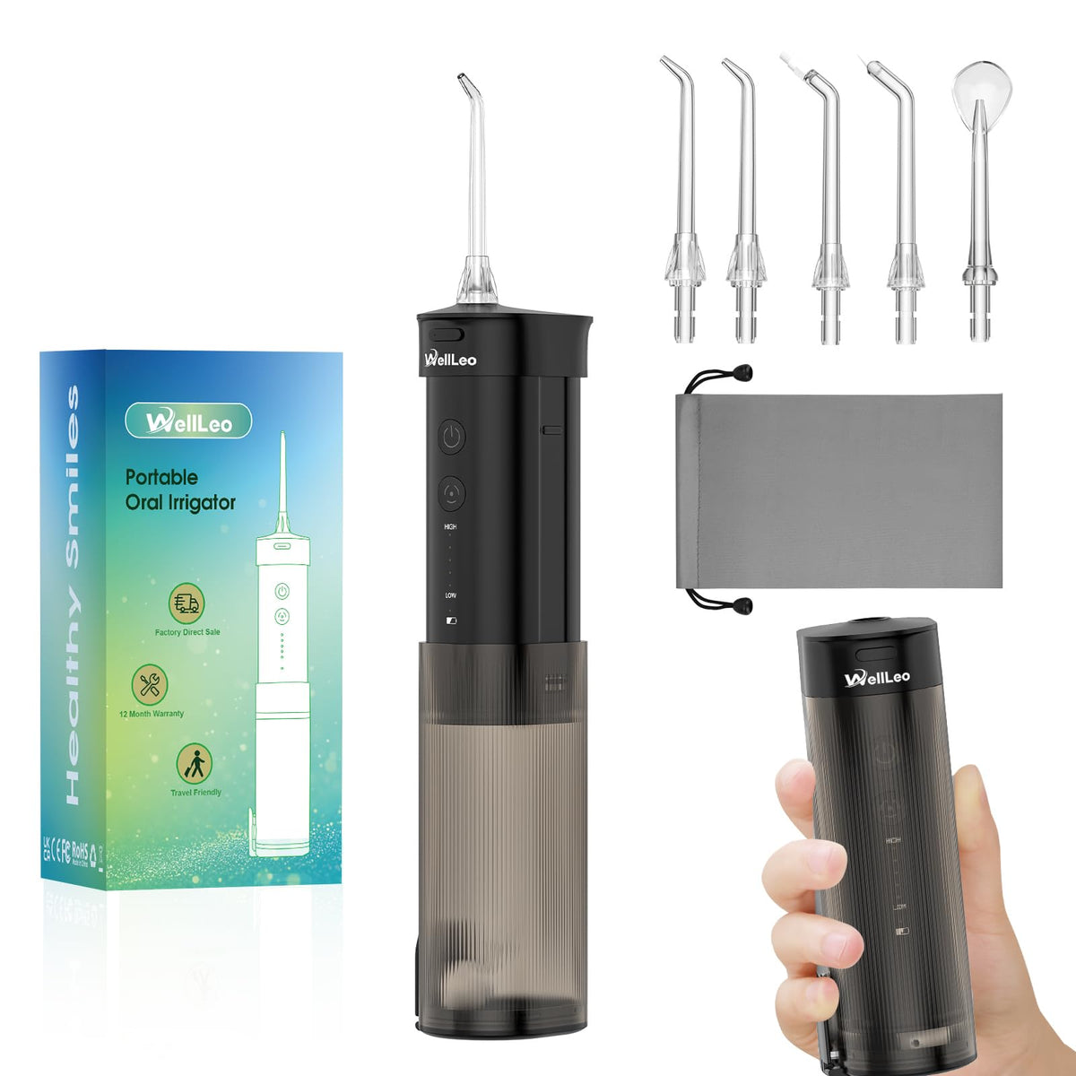 WellLeo Mini Water Flosser folded for travel with storage bag