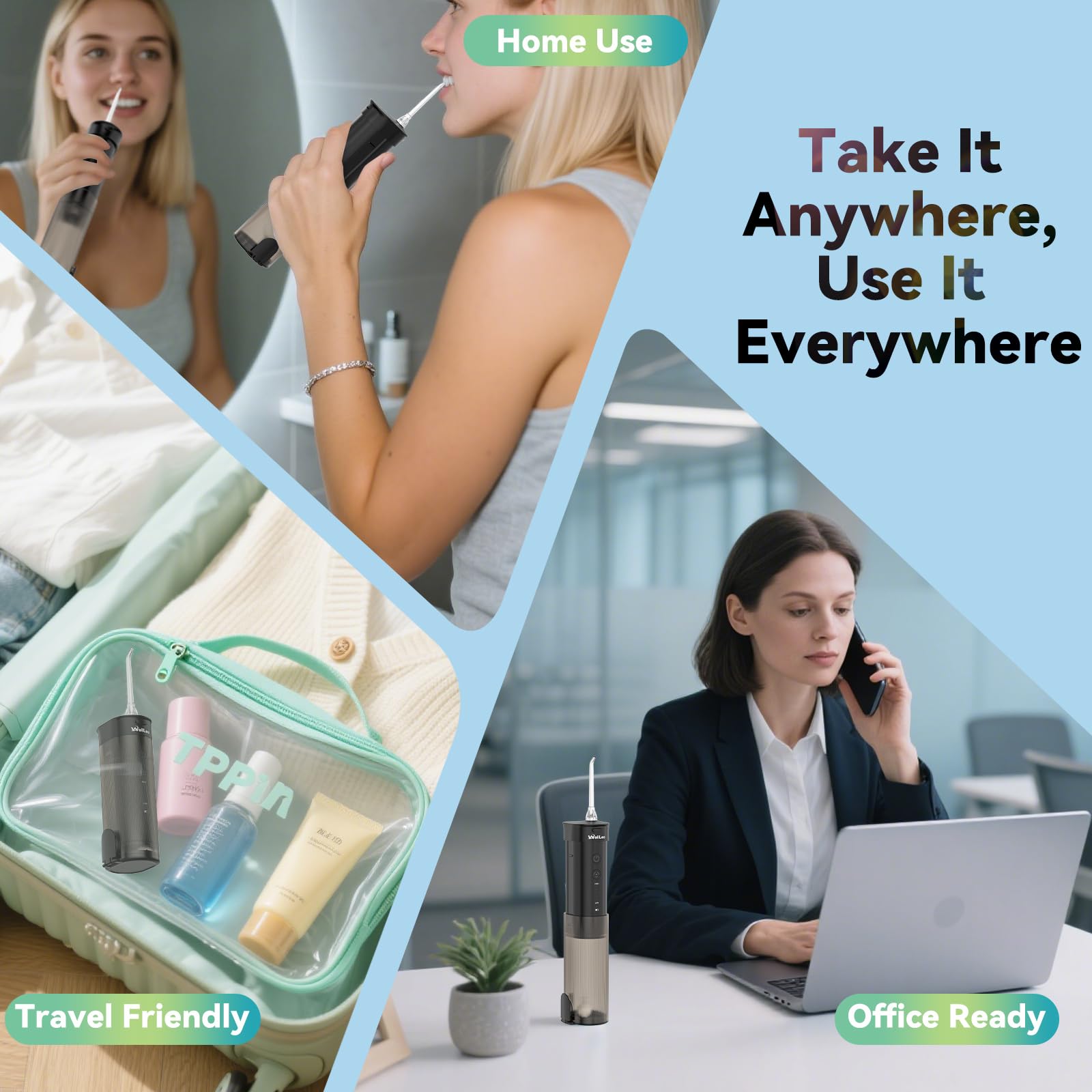Portable oral irrigator in use for braces and sensitive teeth