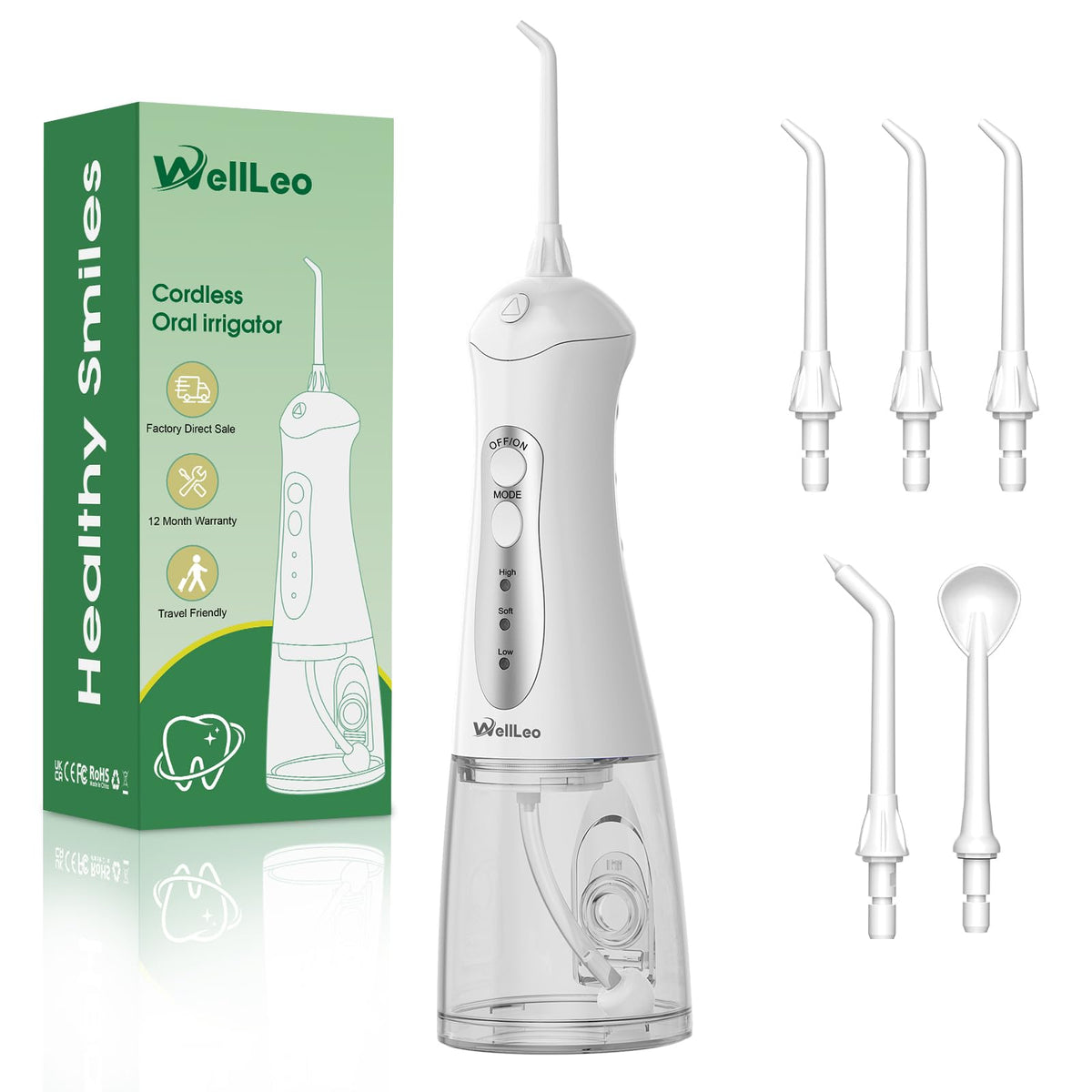WellLeo Water Flosser product front view with nozzle