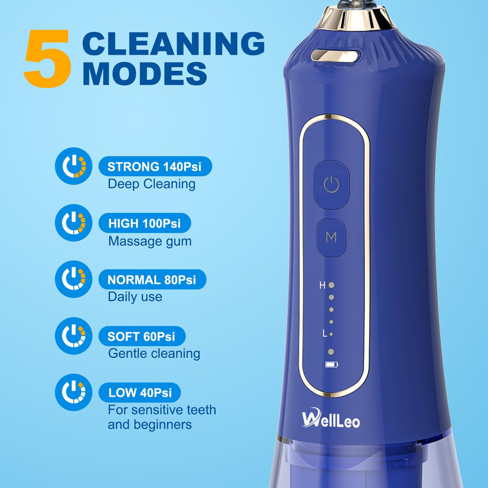 Close-up of WellLeo Water Flosser showing compact design