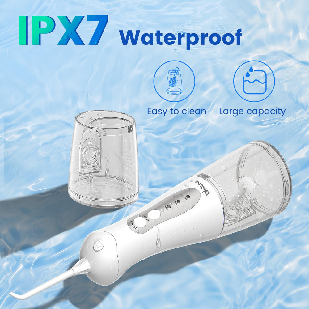 WellLeo flosser shown with IPX7 waterproof design for shower use