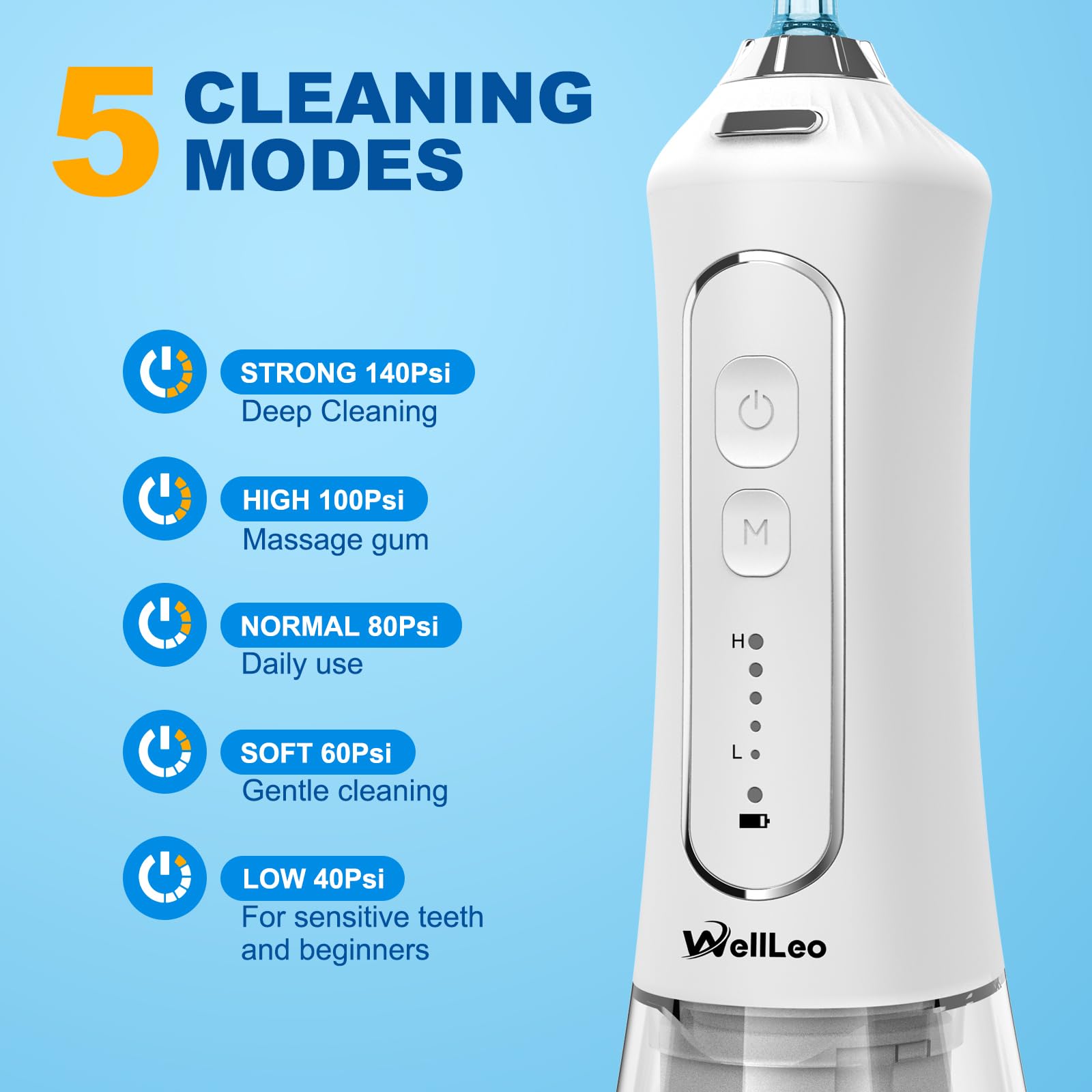Close-up of 300ml water reservoir on WellLeo flosser